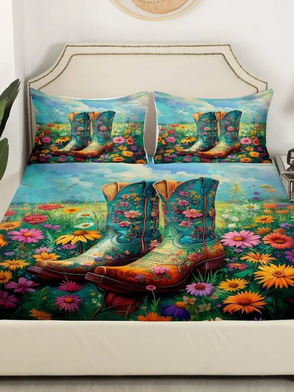 Western Cowboy Kids Fitted Sheet Twin Size,Cowgirl Tribal Boots Retro Bedding Se